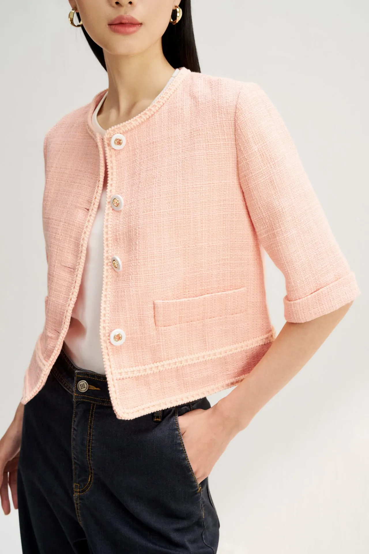 Acrylic Tweed Round Neck Jacket