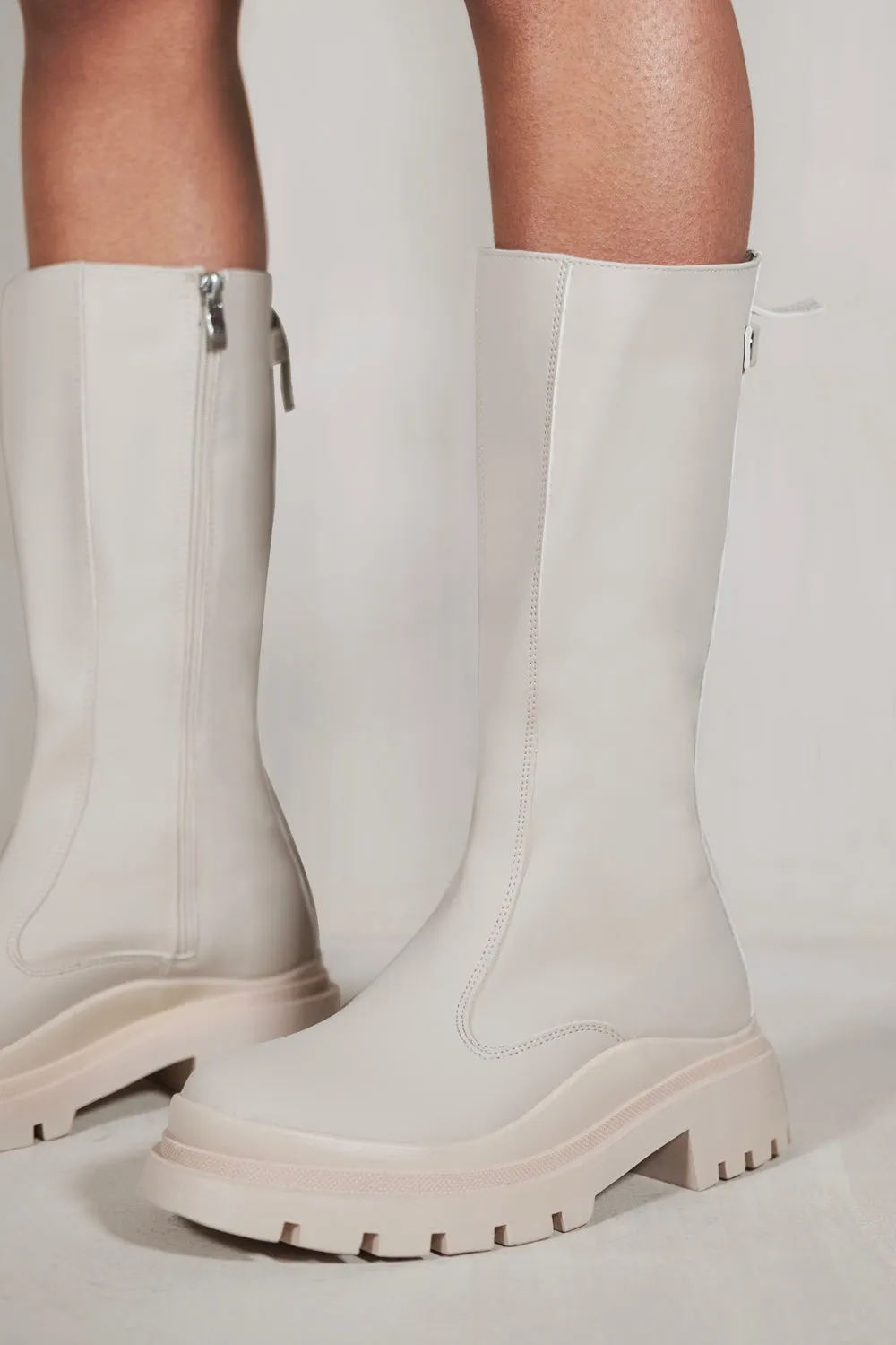 ADALINE CALF BOOT WITH STRETCH PANEL & ZIP UP DETAIL IN IVORY CREAM FAUX LEATHER