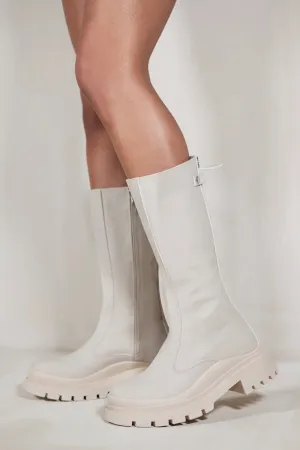 ADALINE CALF BOOT WITH STRETCH PANEL & ZIP UP DETAIL IN IVORY CREAM FAUX LEATHER