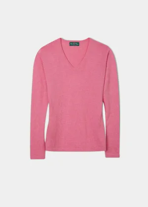 Alice Ladies Cotton Cashmere Vee Neck Jumper In Carnation