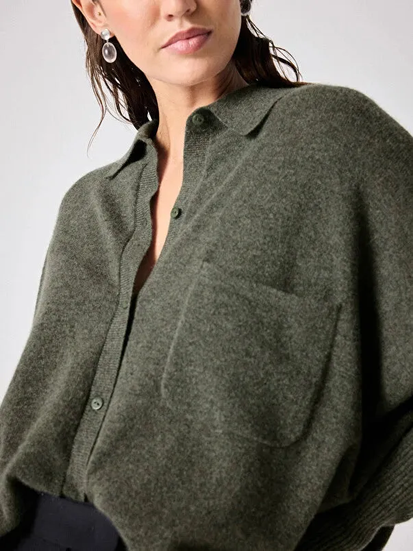 Andrea Khaki Cashmere Shirt Poncho Jumper