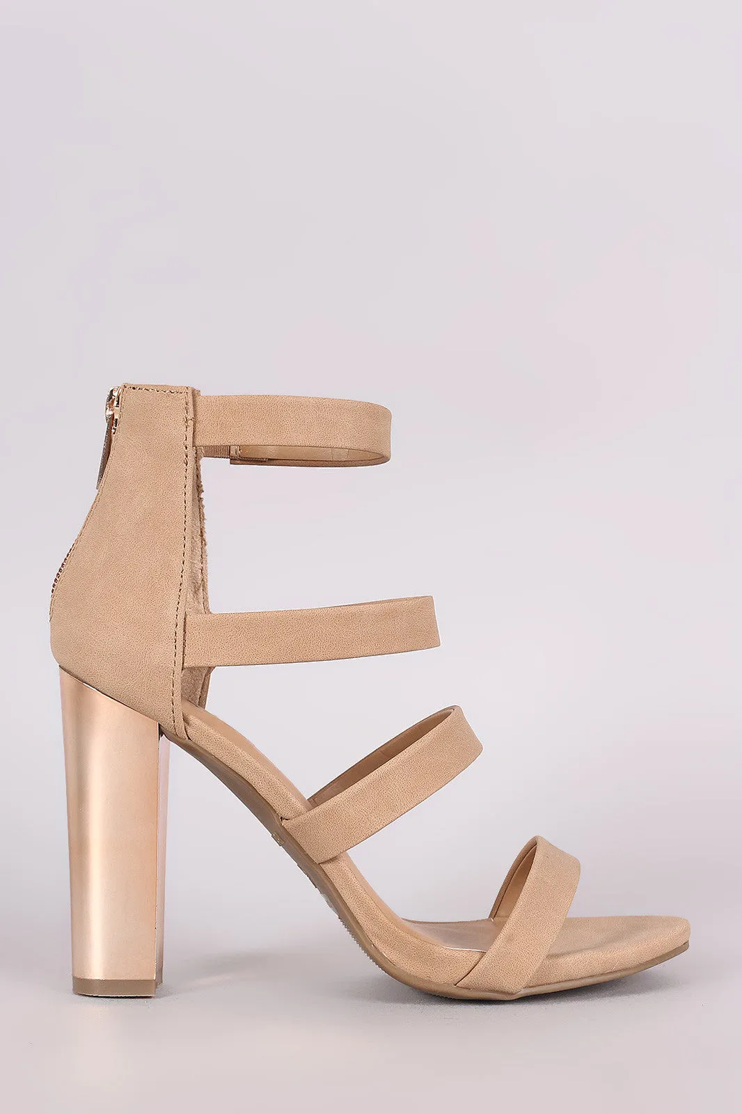 Bamboo Nubuck Strappy Chunky Metallic Heel