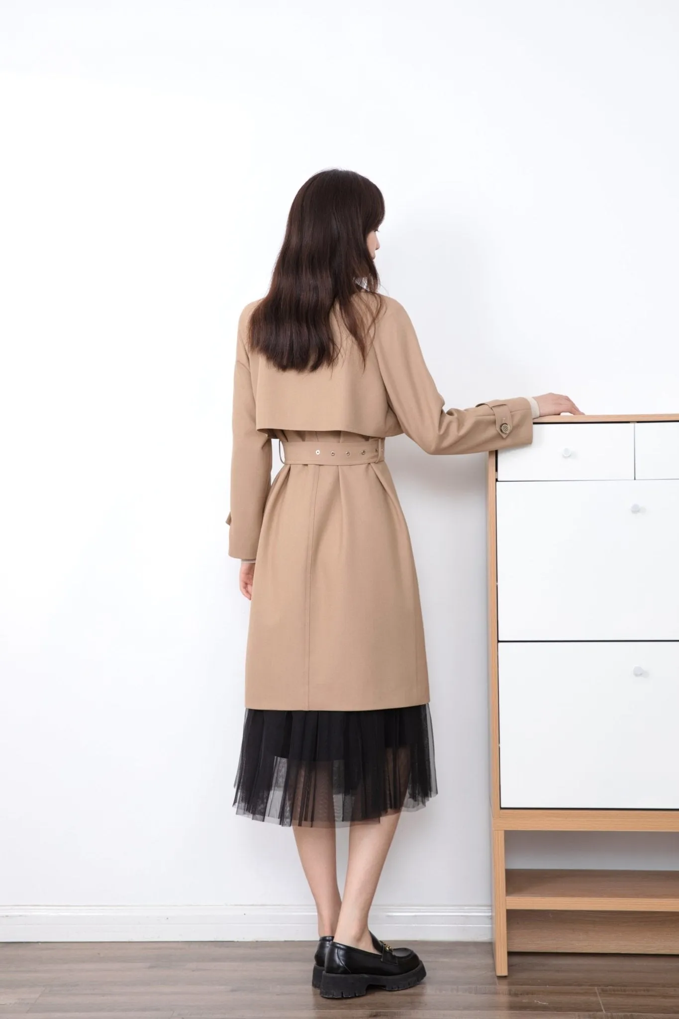 Beige Long Trench Overcoat Waistband