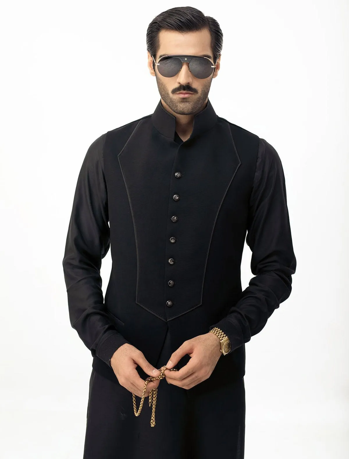 BLACK FRONT PANEL WAISTCOAT