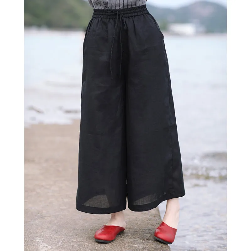 Black Linen Summer Autumn Women Casual Pants with Pockets SMM97202