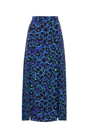 Blue with Green and Black Shadow Leopard Split Front Skirt