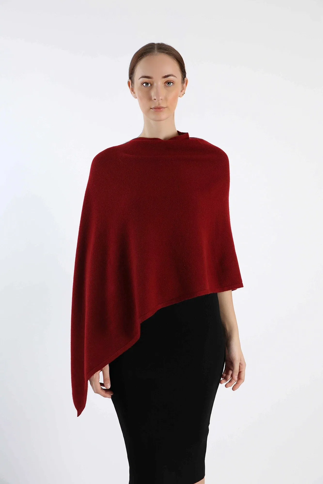 Boat Neck Red Hand-Knitted Cashmere Poncho