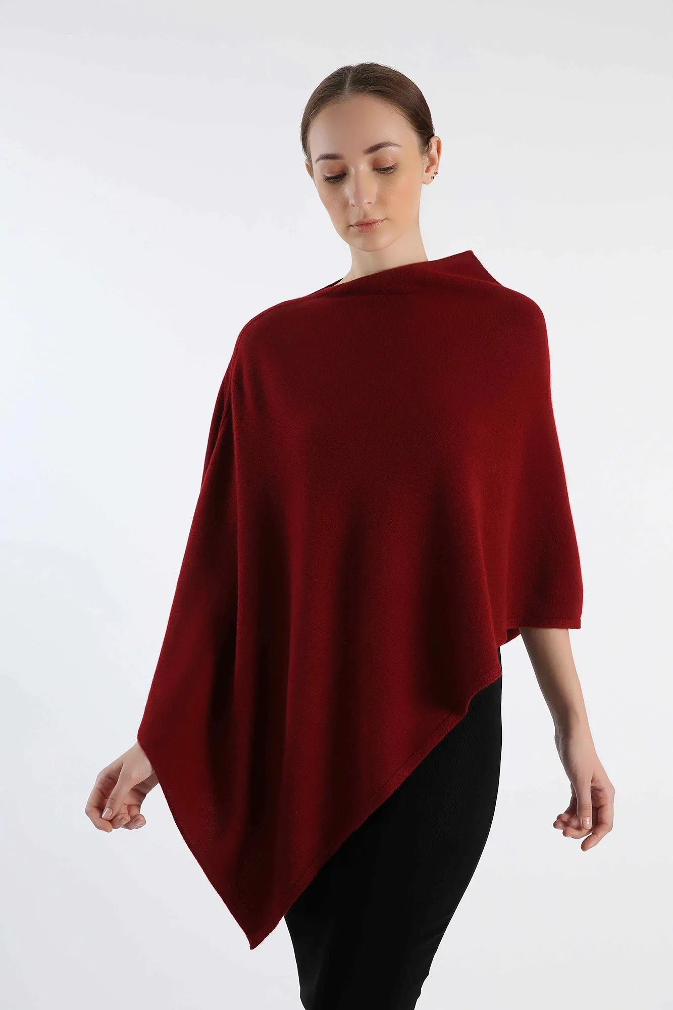 Boat Neck Red Hand-Knitted Cashmere Poncho