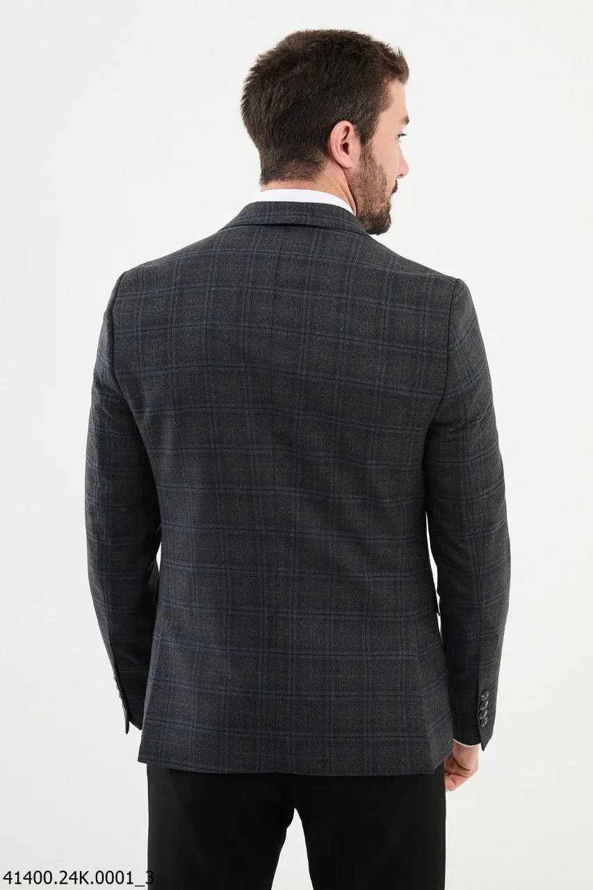 Brabion Dante Black Slim Fit Notch Lapel Plaid Wool Blazer