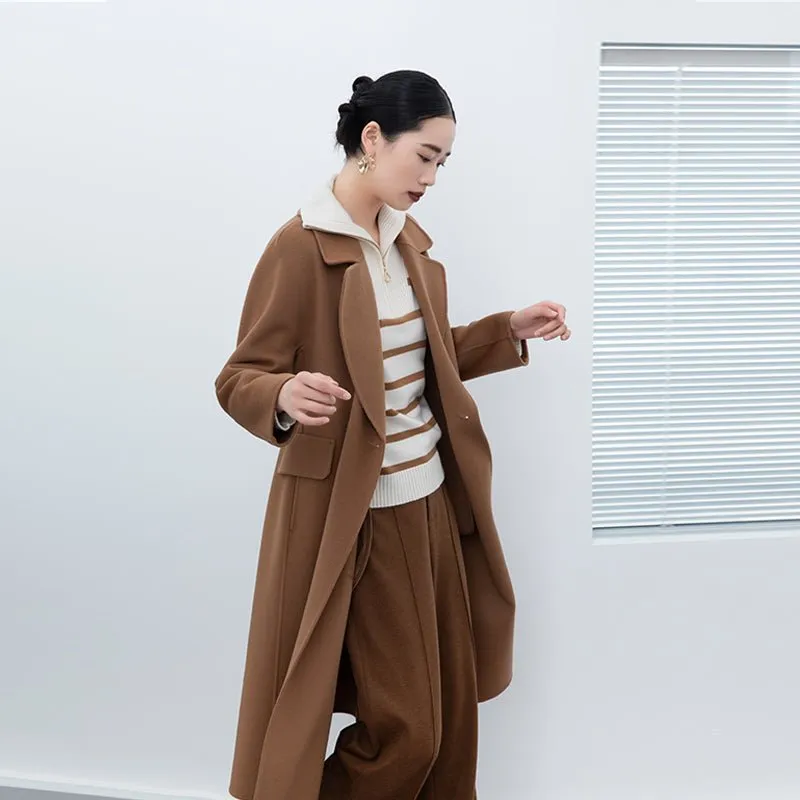 Camel Long Wool Coats with Belt