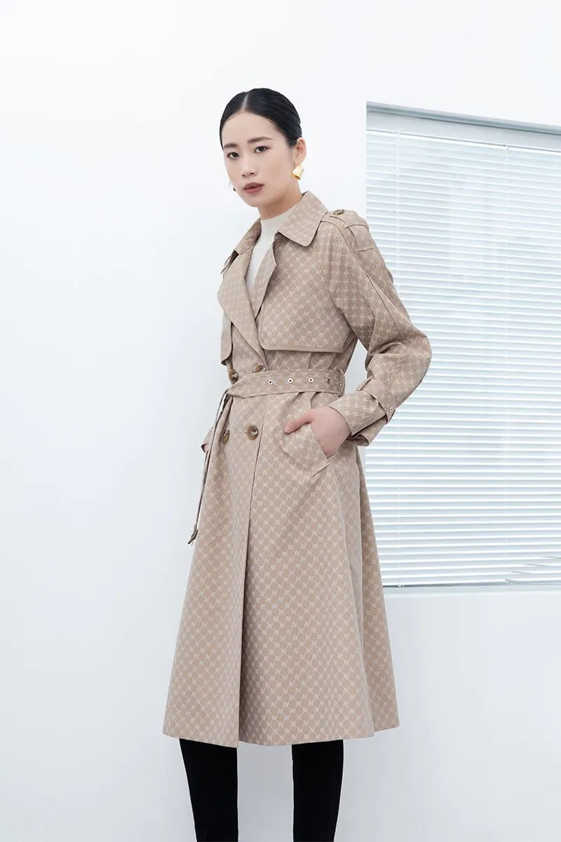 Camel Plaid Double Breasted Trench Coats