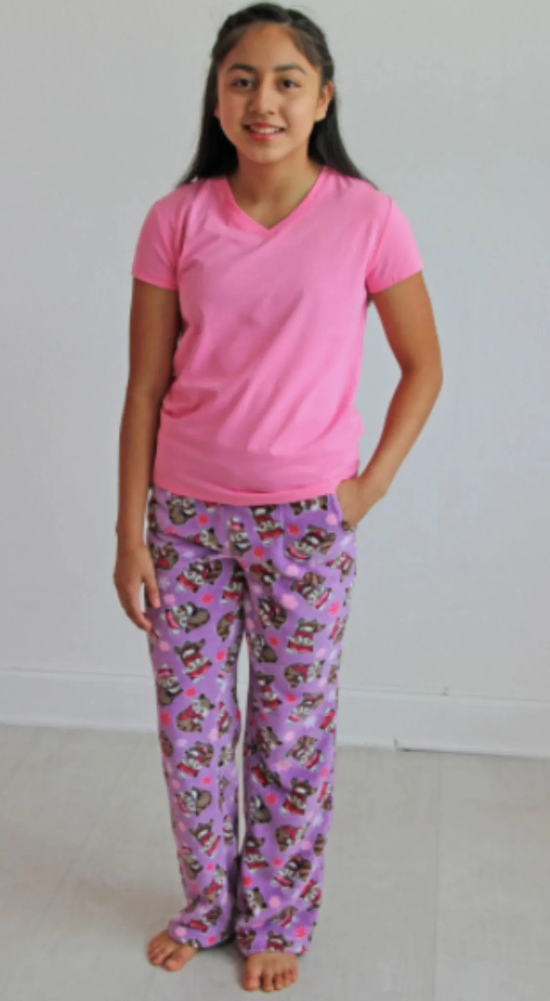 Candy Pink Girls Fleece RACOON & SMORES Pattern Pajama Pants