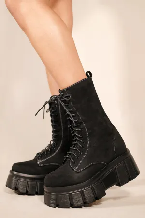 CECILIA CHUNKY SOLE PLATFORM LACE UP ANKLE BOOTS IN BLACK SUEDE