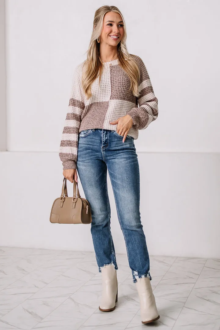 Checker & Stripe Chenille Knit Sweater | Mocha