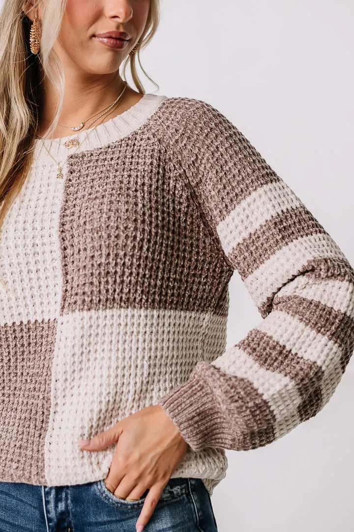 Checker & Stripe Chenille Knit Sweater | Mocha