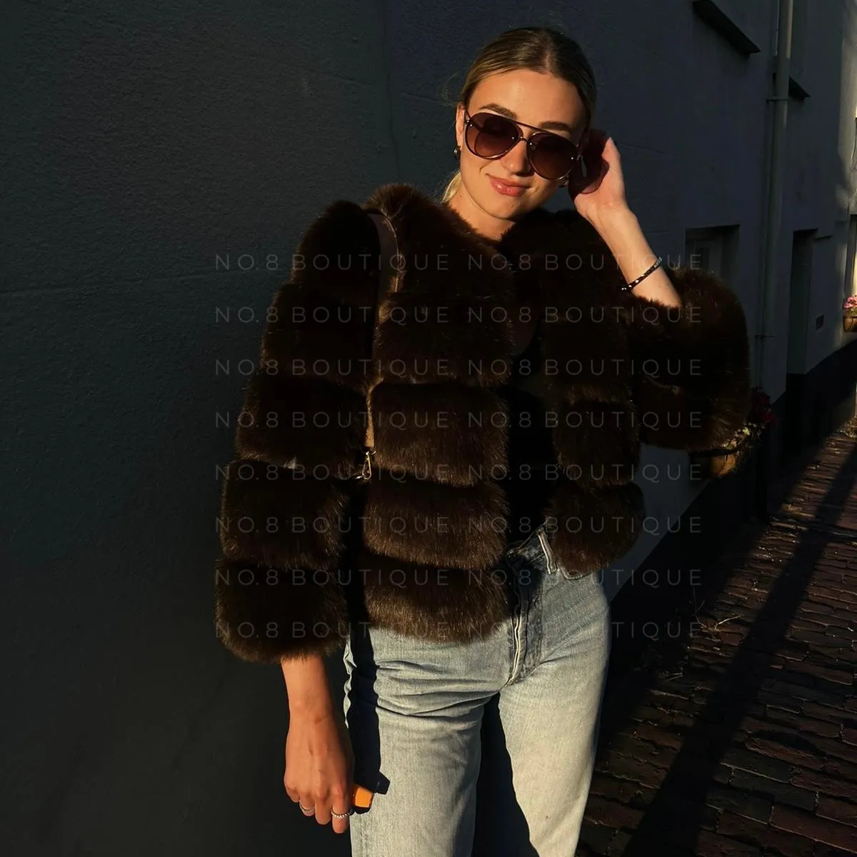 Coffee Brown Faux Fur Jacket With 5 Rows