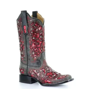 Corral Ladies Grey Red Glitter Inlay & Crystals Square Toe Boots A3647