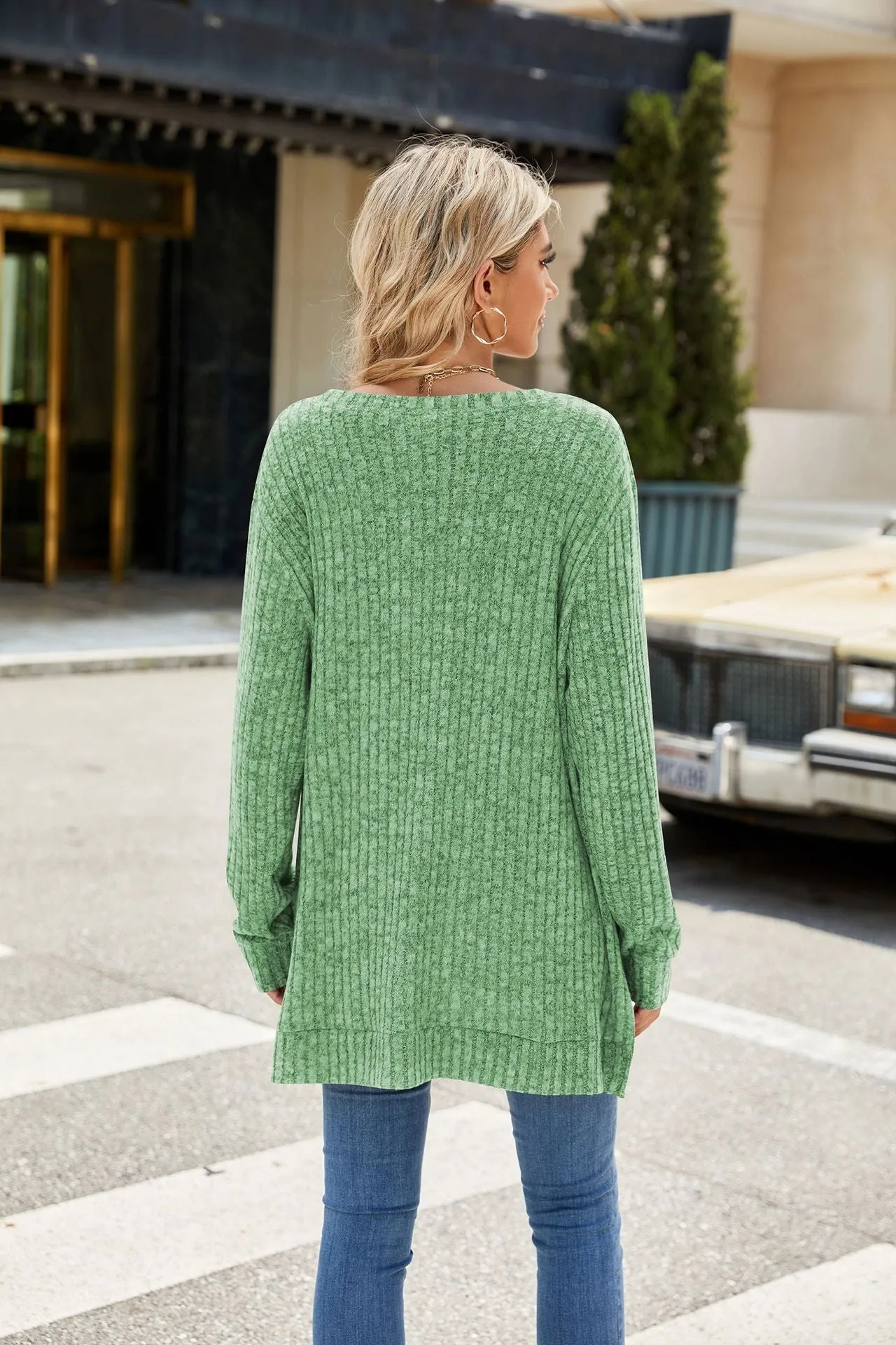 Crew Neck Loose Long-sleeved Split Top