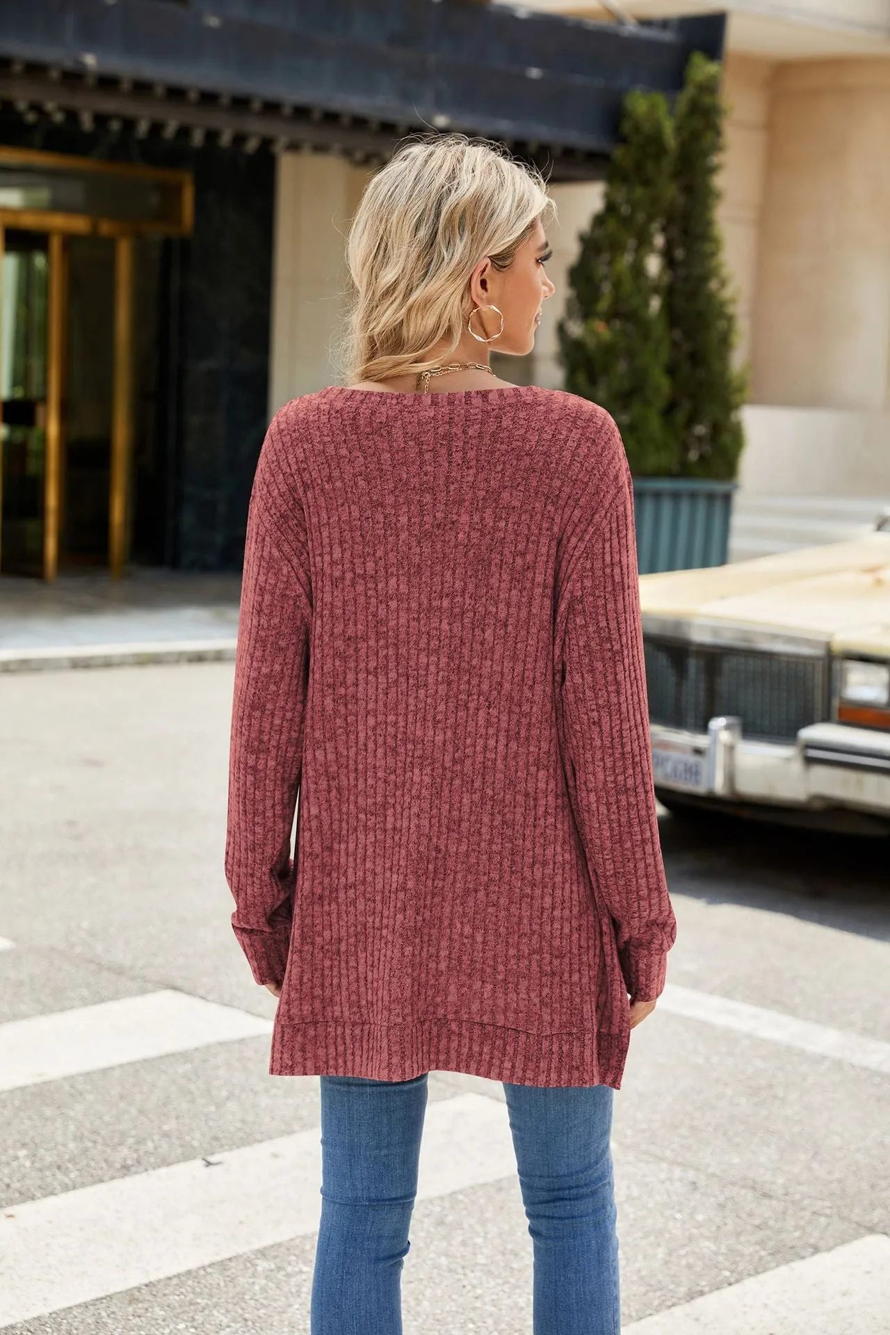 Crew Neck Loose Long-sleeved Split Top