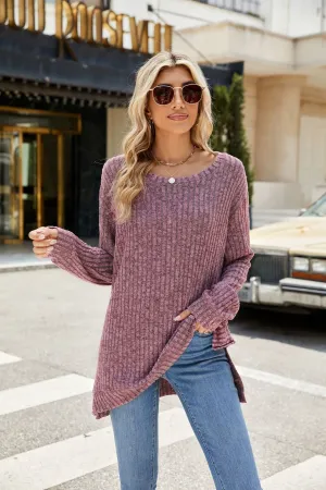 Crew Neck Loose Long-sleeved Split Top