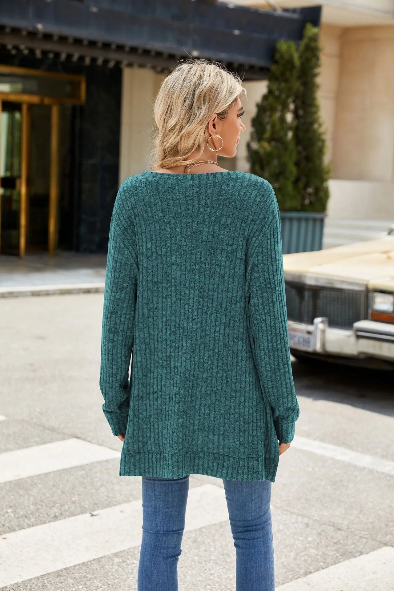 Crew Neck Loose Long-sleeved Split Top