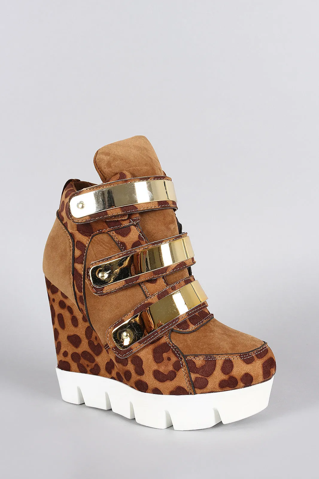 Dollhouse Leopard Metallic Strap High Top Wedge Sneaker