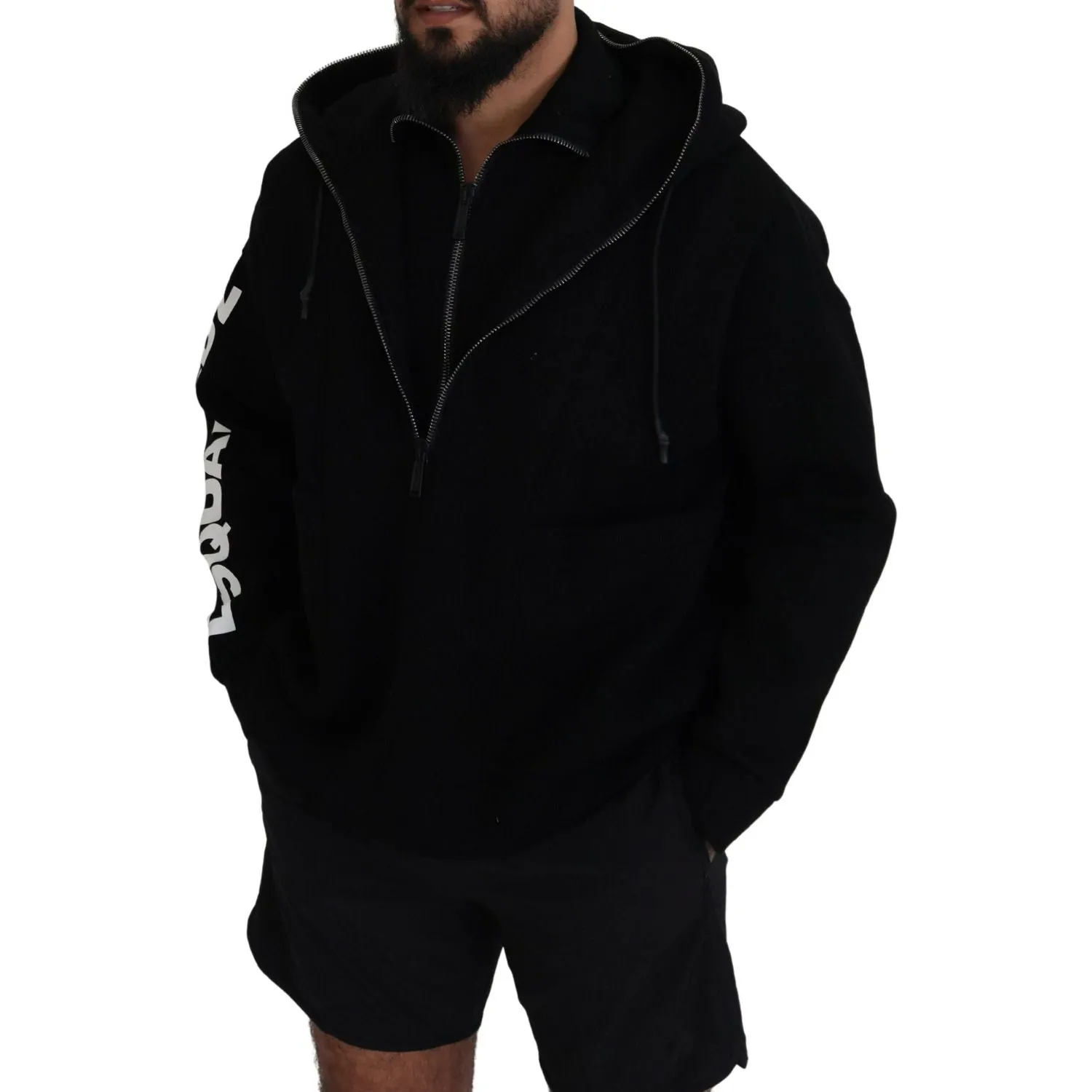 Dsquared² Black Hooded Printed Sleeves Double Zip Sweater