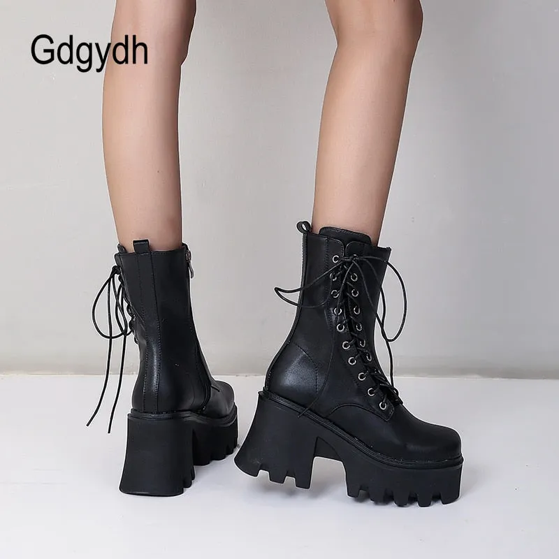 'Dusk' Chunky Black Lace Up Faux PU Leather Boots