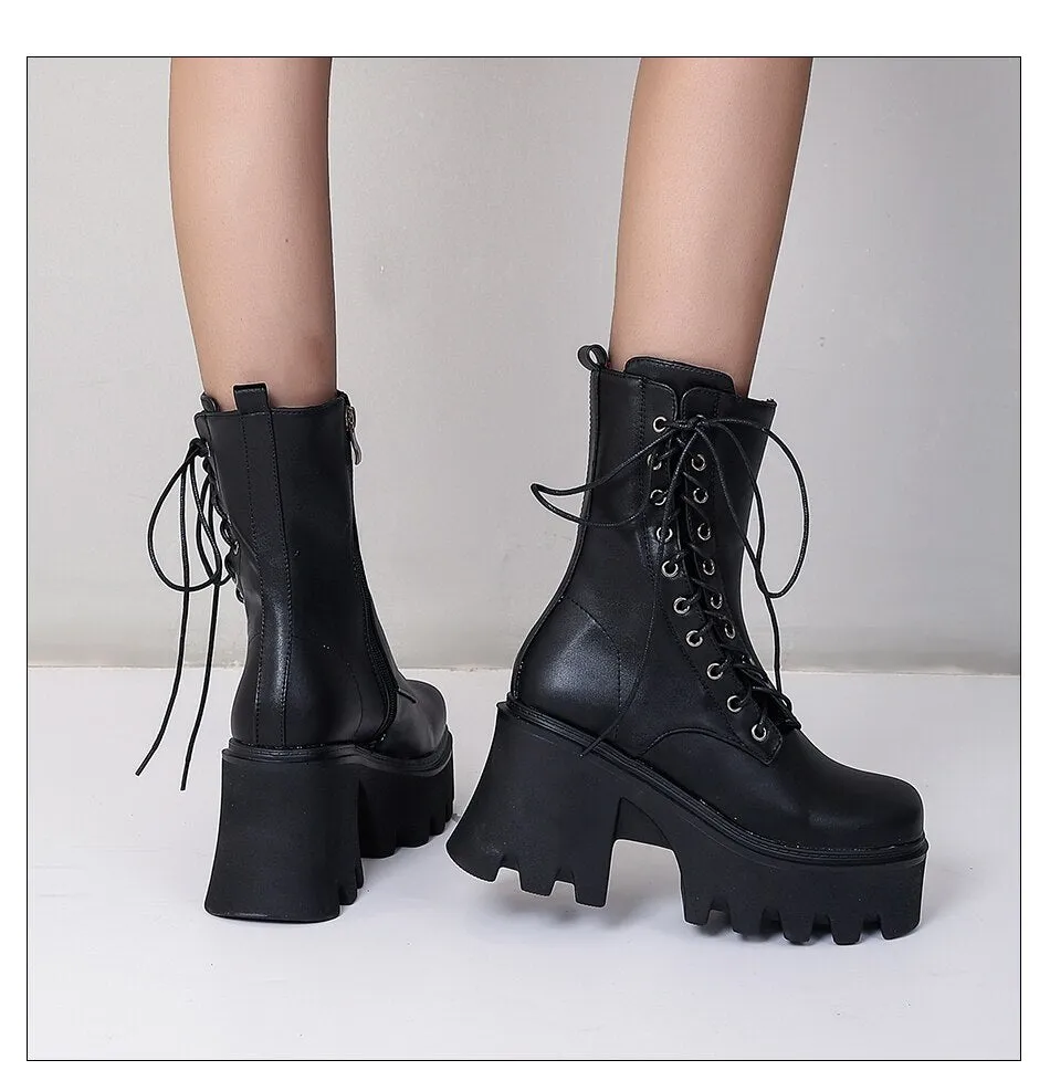 'Dusk' Chunky Black Lace Up Faux PU Leather Boots