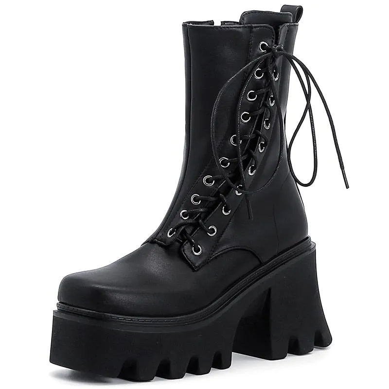 'Dusk' Chunky Black Lace Up Faux PU Leather Boots