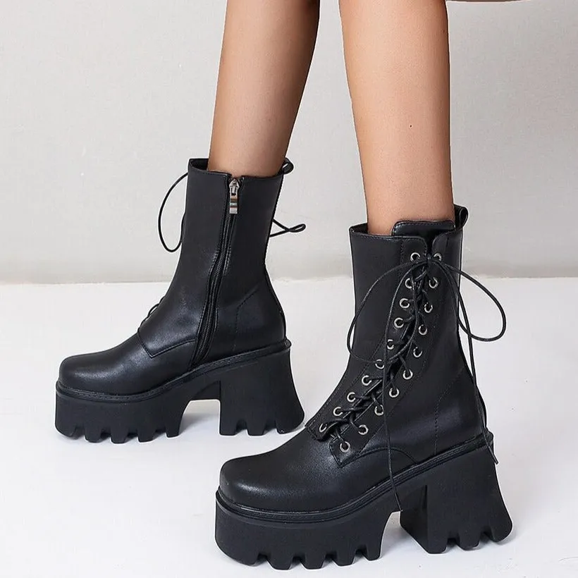 'Dusk' Chunky Black Lace Up Faux PU Leather Boots