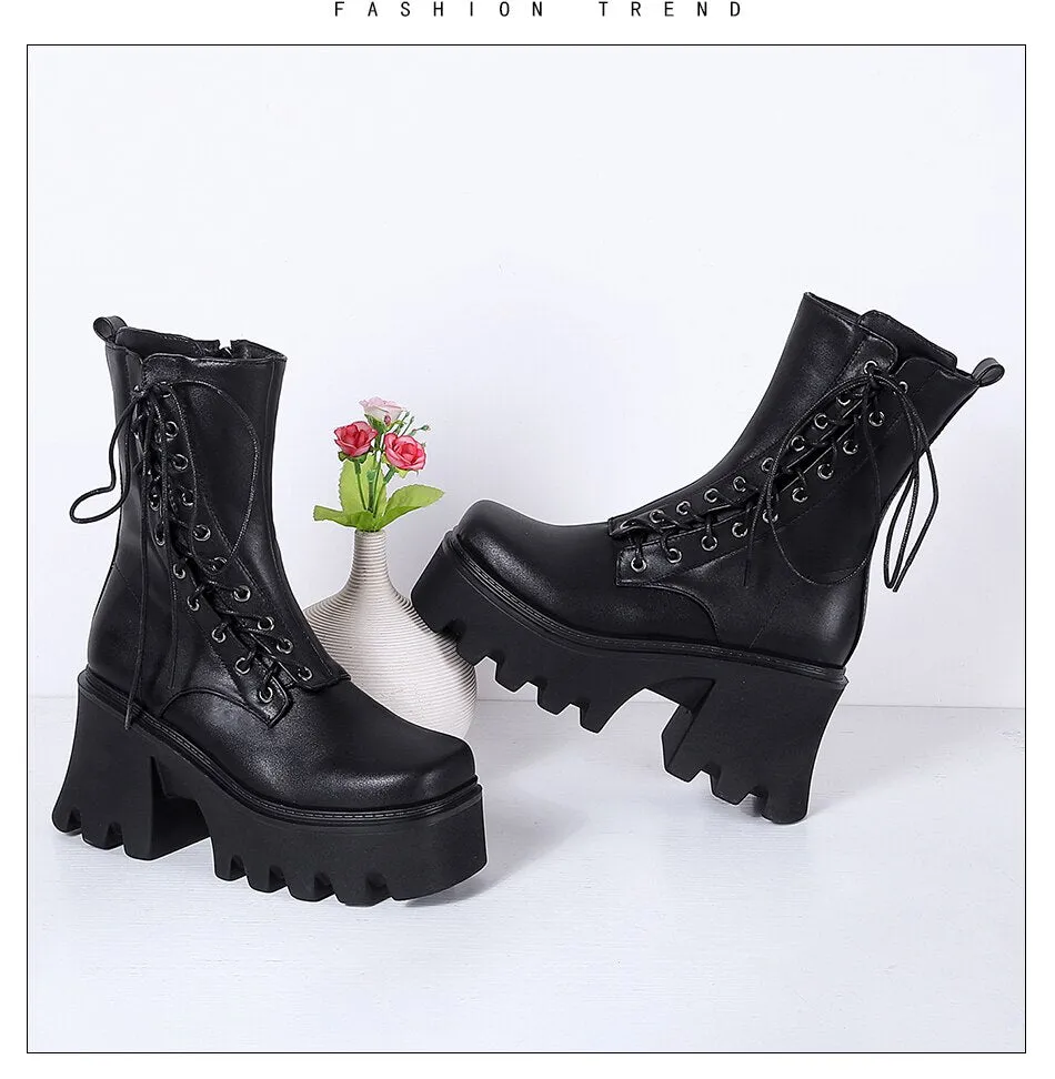 'Dusk' Chunky Black Lace Up Faux PU Leather Boots