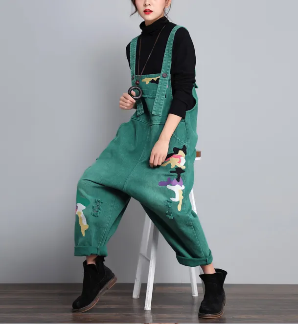 Green Denim Casual Spring Denim Overall Women Jumpsuits QY08