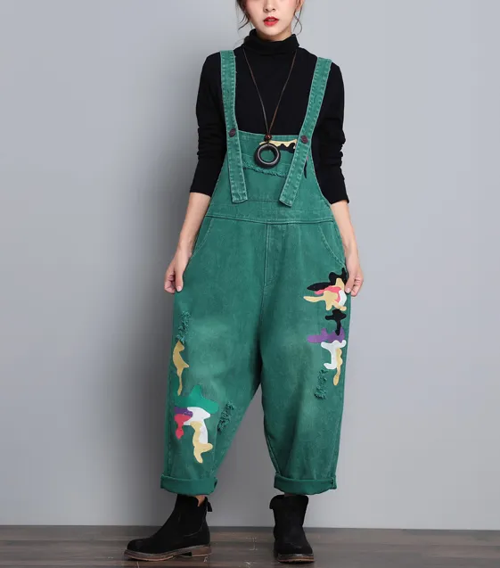 Green Denim Casual Spring Denim Overall Women Jumpsuits QY08