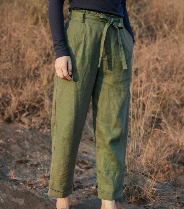 Green Linen Summer Autumn Women Casual Pants SMM97235