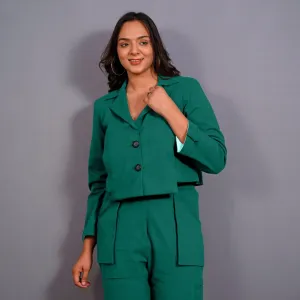 Green Warm Cotton Flannel Single-Breasted Crop Blazer