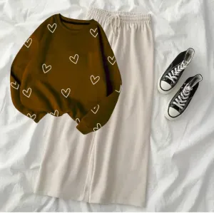 HEART ALLOVER BROWN SWEATSHIRT WITH BEIGE FLAPPER