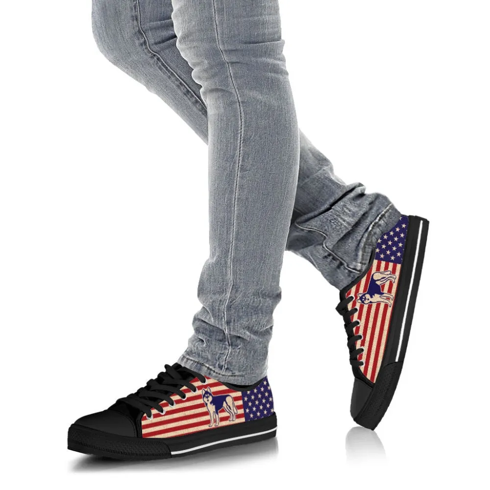 Husky Dog Usa Flag Low Top Shoes Canvas Sneakers Casual Shoes, Dog Printed Shoes, Canvas Shoes For Men, Women