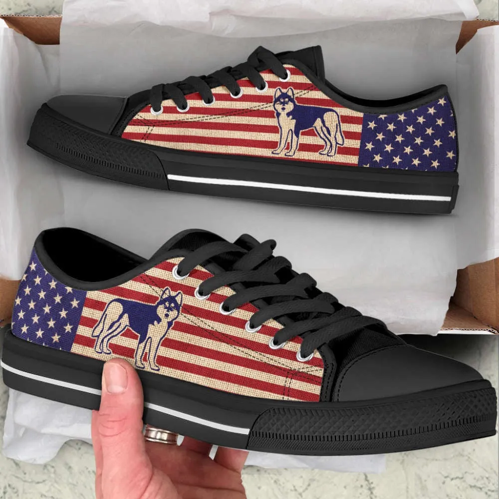 Husky Dog Usa Flag Low Top Shoes Canvas Sneakers Casual Shoes, Dog Printed Shoes, Canvas Shoes For Men, Women