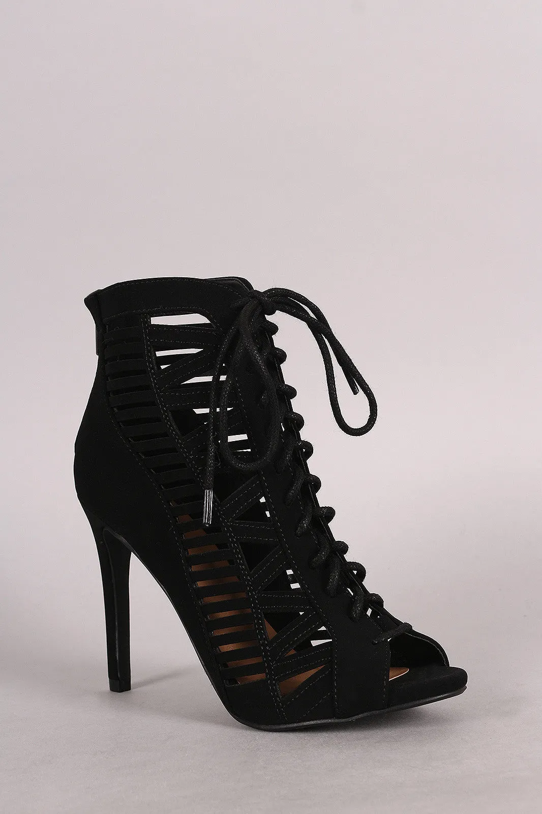 Kimmy - Caged Lace Up Peep Toe Booties