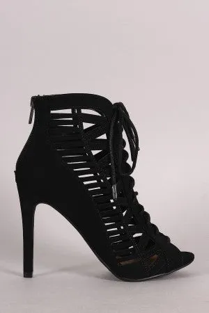 Kimmy - Caged Lace Up Peep Toe Booties