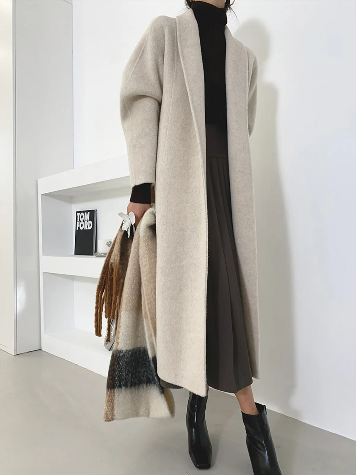 Long Double Face Wool Wrap Belt Coat - Beige