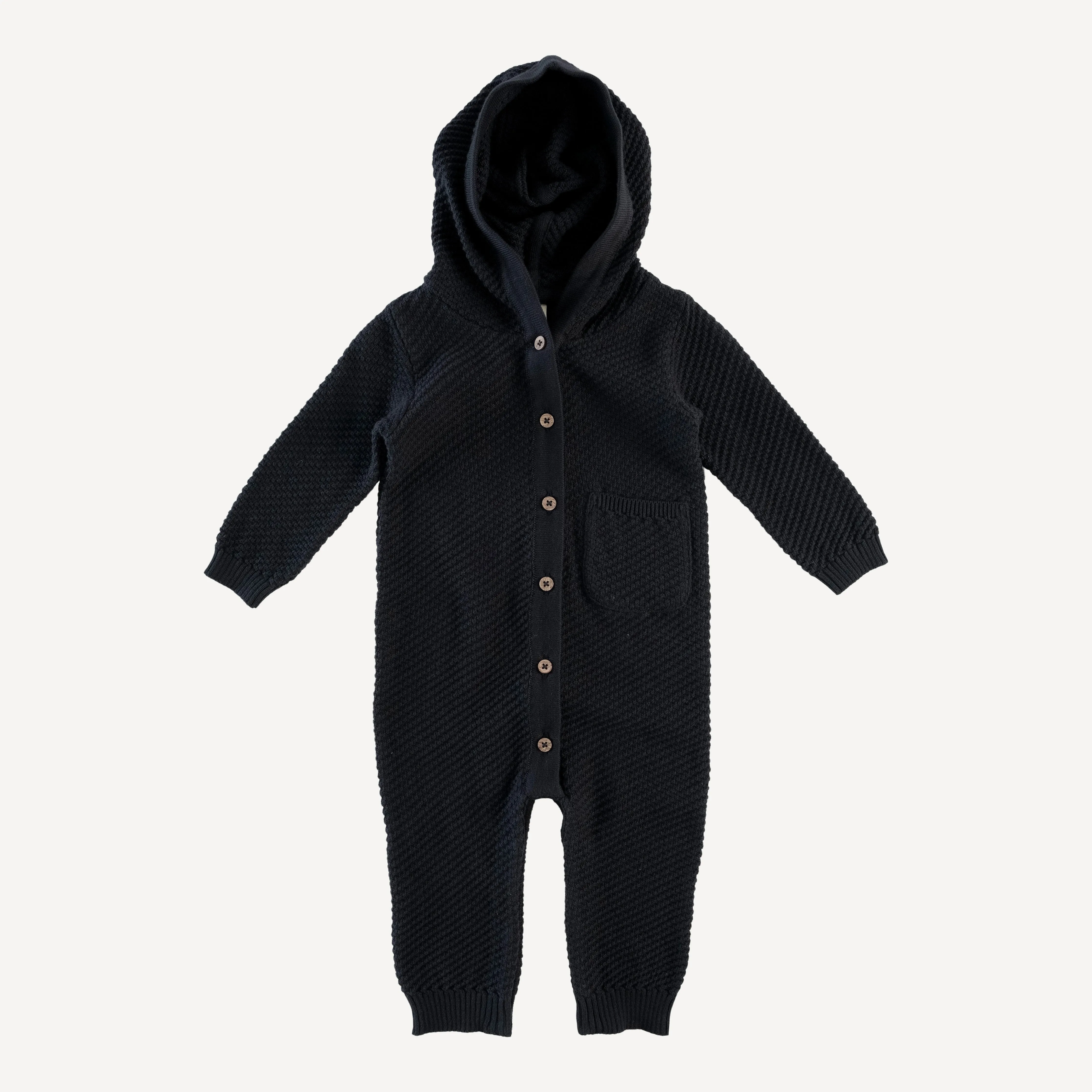 long sleeve hooded pocket jumpsuit | black | organic cotton moss knit