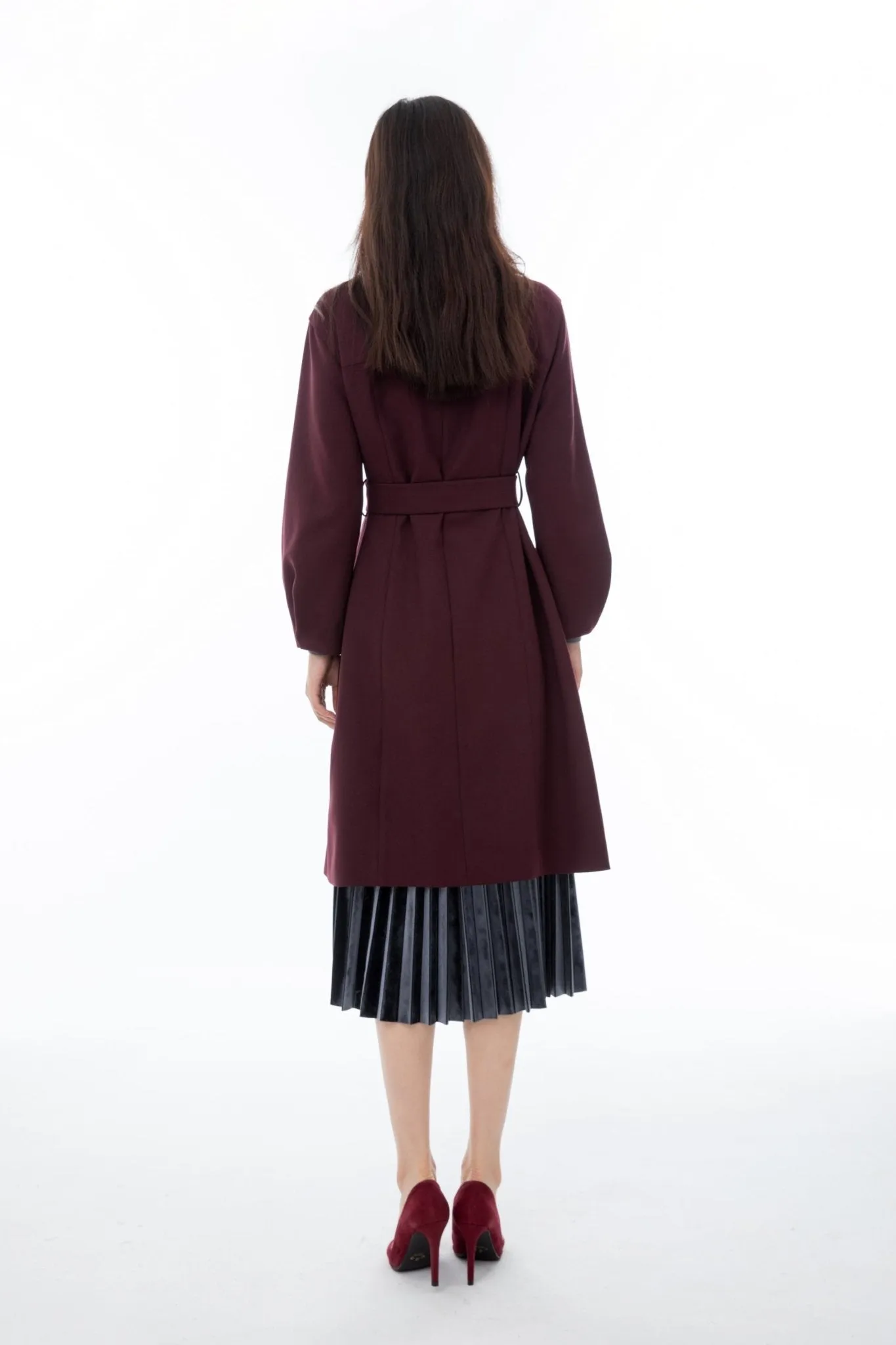 Maroon Long Overcoats Belted