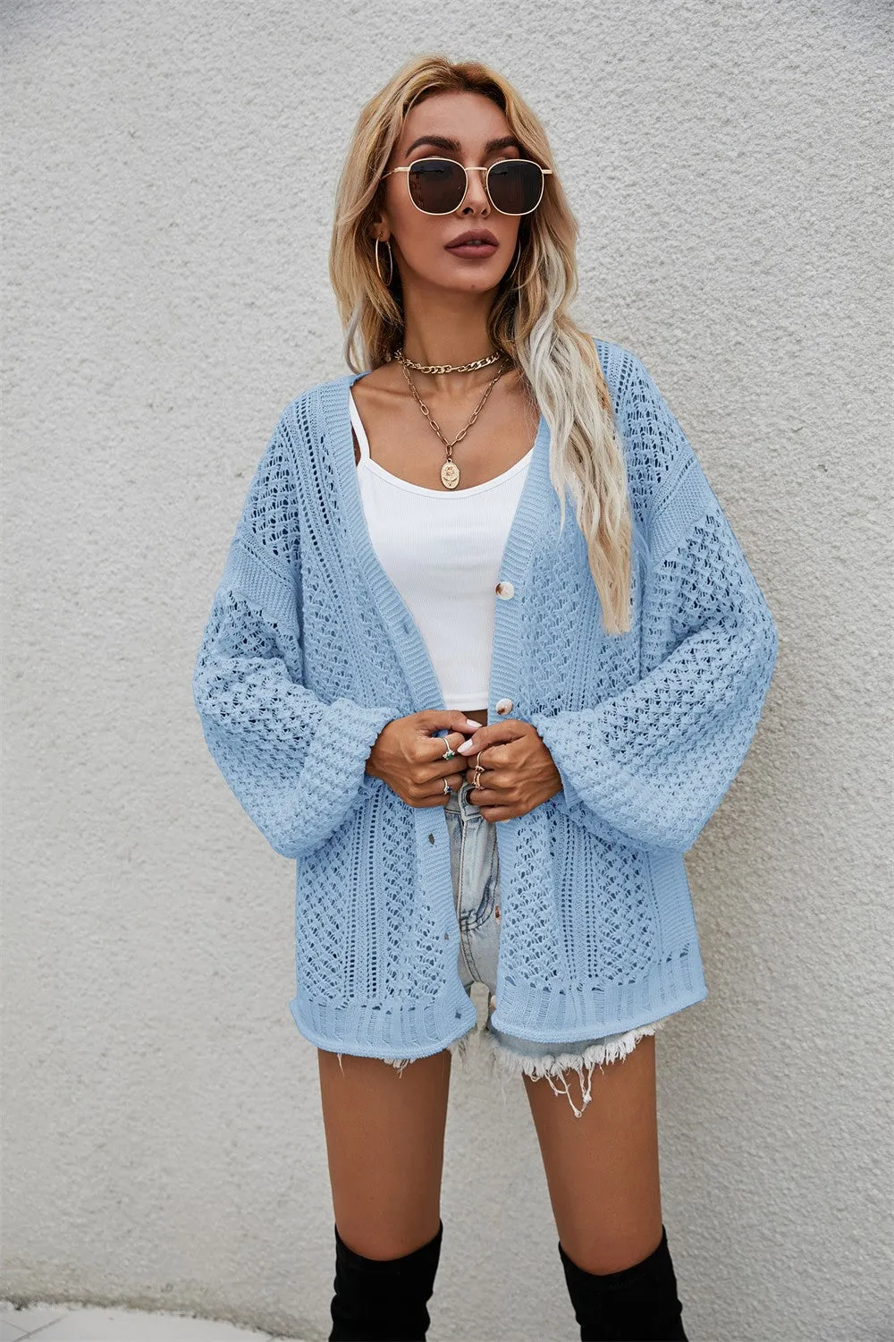 Openwork V-Neck Dropped Shoulder Cardigan