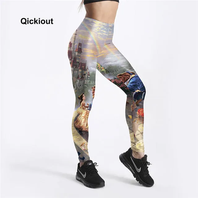 Qickitout Leggings Women's workout leggings Princess beauty and beast queen Black skull Pants PUSh Up fitness clothing Big Size