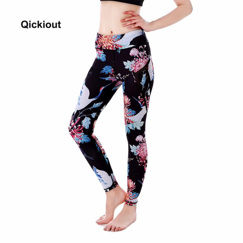 Qickitout Spring Legency Women Legging Pants Plus Size Sexy Black Crane Flower Jeggings Pantalones Mujer Workout Legging Fitness