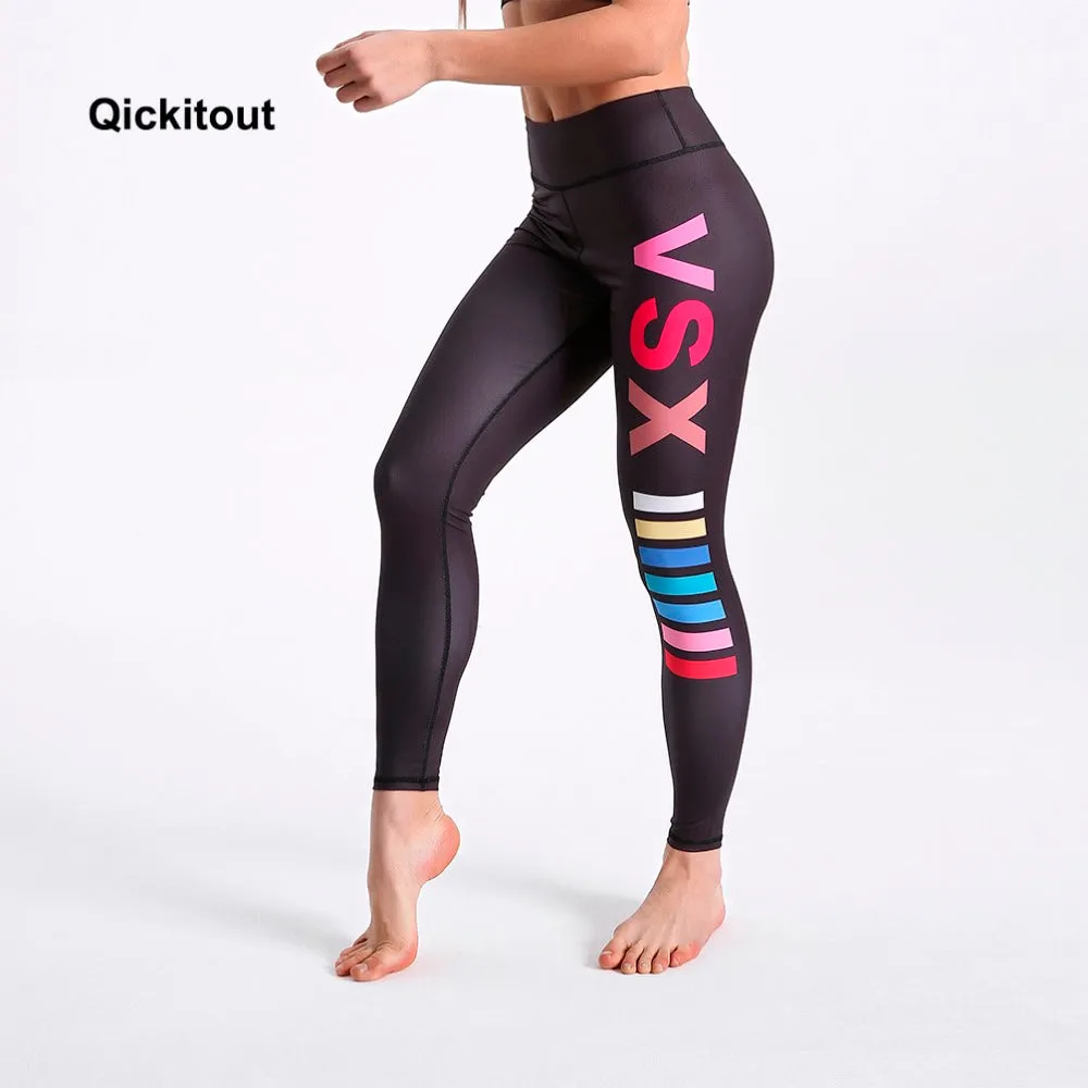 Qickitout Summer Women Leggings Black Background Colorful Letter Printed Leggings High Waist Long Pants Sexy Casual Pants