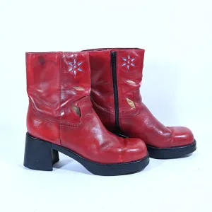 SOLD 90s Red Leather Chunky Heel Toe Platform Ankle Boots, Y2K Bratz Style Size 11M