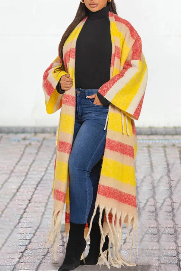 Stylish Color Blocked Fringe Detail Shawl